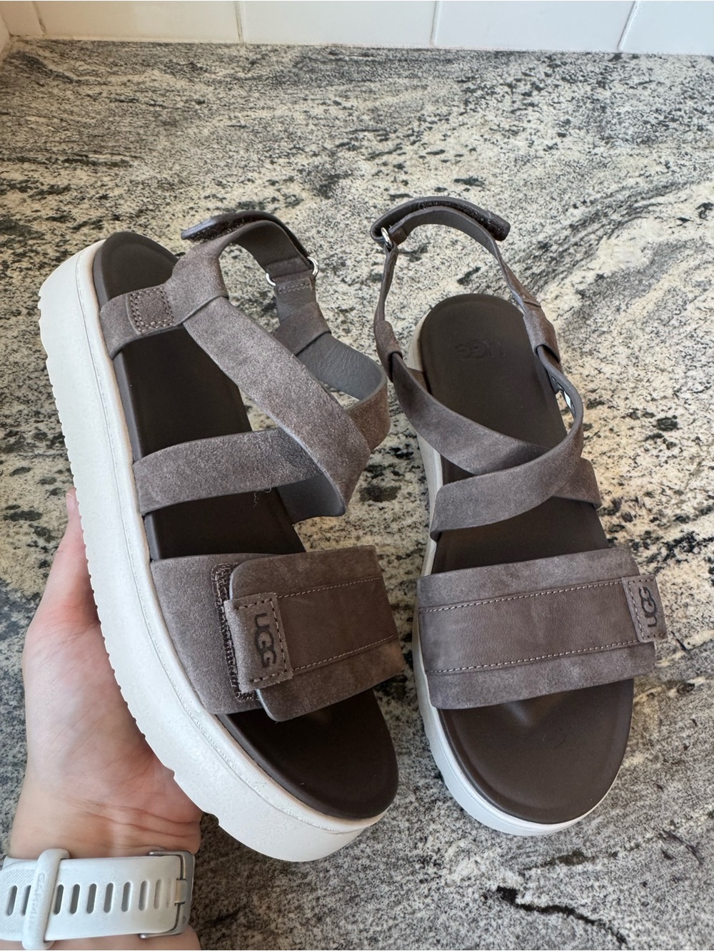 UGG Taupe Suede Platform Strap Sandals